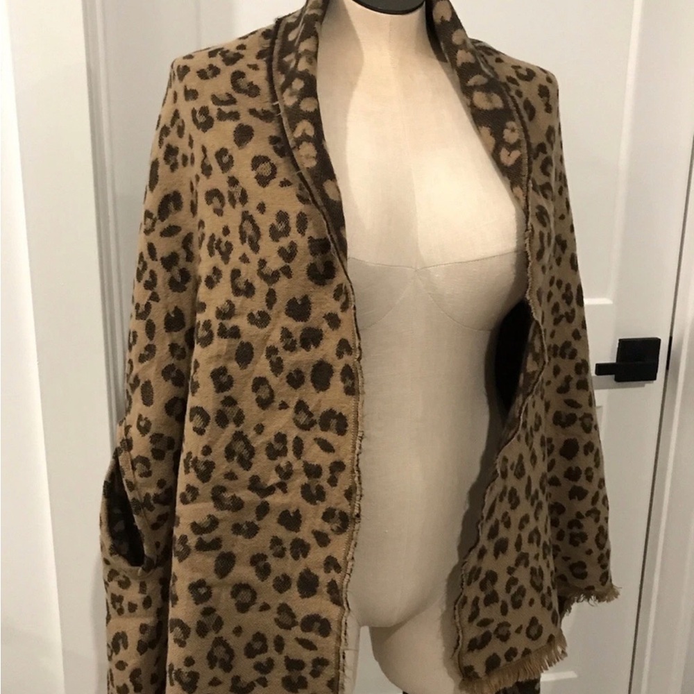 J. Crew Vintage Open Shawl Cardigan Leopard Print Tan/Brown fringe trim